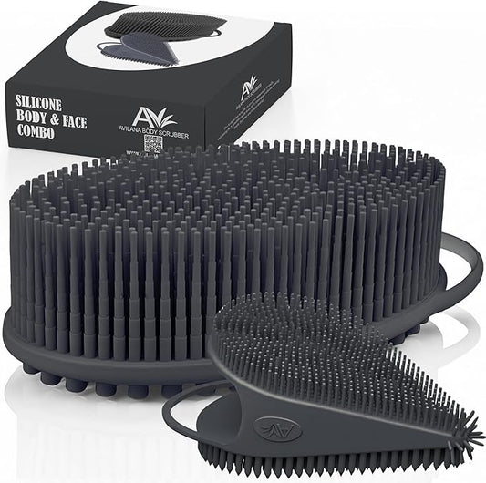 Body Face Scrubber Set Silicone - 2 Pack Shower Brush Facial Cleansing Kit - Avilana Bath Loofah Alternative Complete Skincare System Dual Sided - Gift Set Women Men