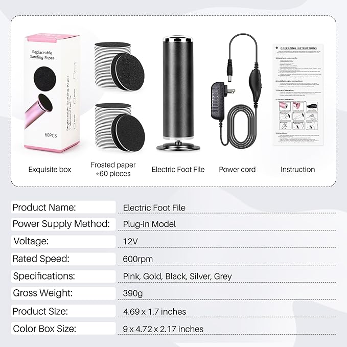 Foot File Callus Remover for Feet: Profesional Pedicure Tool for SPA - Adjustable Speed Feet File Grinder for Skin and Calluses - with 60 Pcs Replacement Sandpaper Disk for Home Salon(Black)