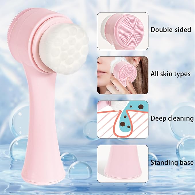 Facial Cleansing Brush 2 in 1, Face Exfoliating Scrubber Brush, Silicone Double Side Manual Face Wash Scrub Brush with Soft Bristles for Deep Pore Cleansing, Massaging, Skin Care, Pink