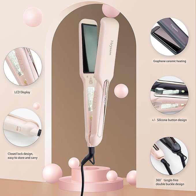 Heysam Flat Iron Hair Straightener for Women, Titanium Ceramic Ionic 1.6 Inch Wide for Thick Hair Straightening Iron, Dual Voltage Hair Straightener and Hair Curler 2-in-1, LCD Display, Fast Heating