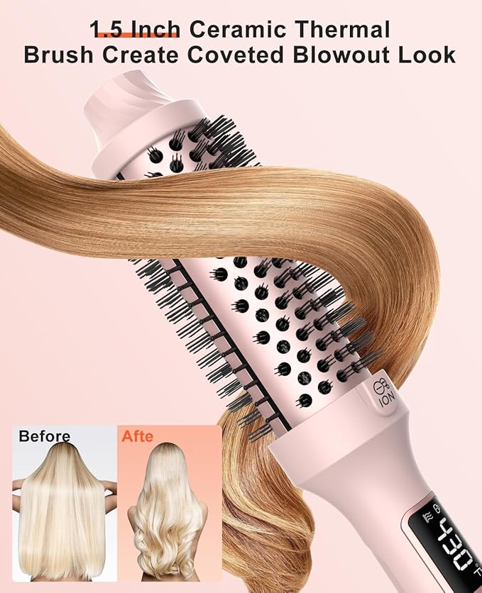 Nimmu Thermal Brush for Blowout Look, 1.5 inch Heated Round Brush, Curling Iron with 10 Temperature Control, Hot Styler Dual Voltage for Travel, Pink