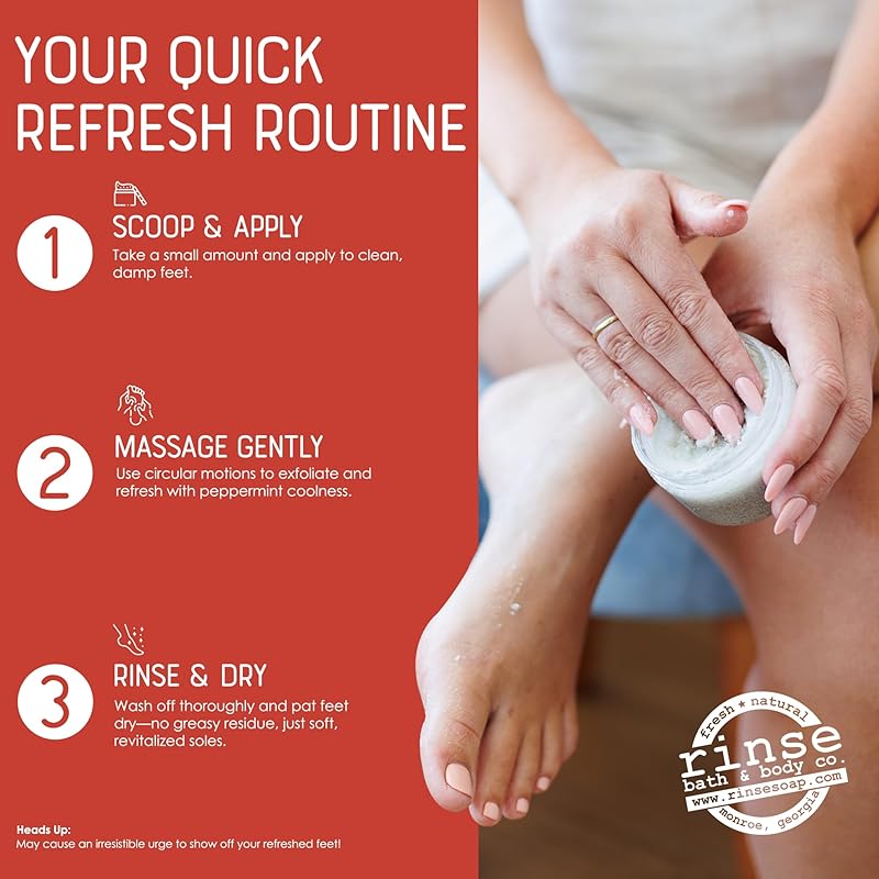 Rinse Bath & Body Peppofoot Peppermint Foot Scrub - Handmade Exfoliating Tea Tree Oil Cooling Foot Scrub w/Peppermint Essential Oil | Shea Butter & Avocado Oil | Cleansing & Refreshing| Natural | 4oz
