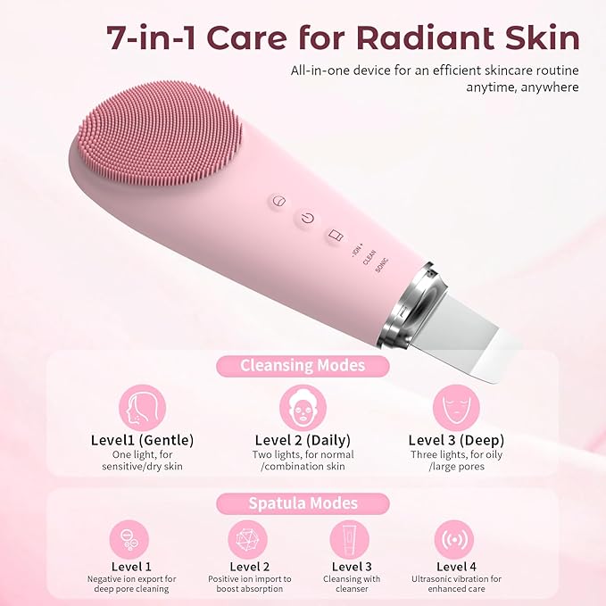 2 in 1 Electric Face Scrubber Silicone Facial Cleansing Brush, Exfoliator Scrubber & Skin Spatula Pore Cleaner Blackhead Remover Tools, Waterproof Face Brush Exfoliating Deep Cleaning Massager, Pink