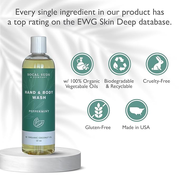 SoCal Suds & Company - 12oz Organic Soap Liquid, Gentle Hand & Body Wash, Organic Body Wash for Men and Women, Made w/Organic Oils & Coconut Oil, Bath Essentials for All Skin Types - Peppermint
