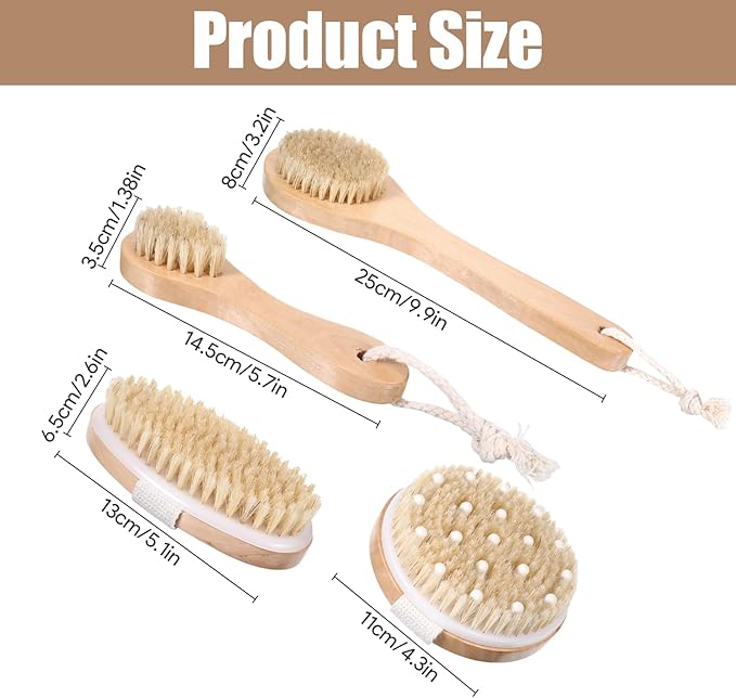 4PCS Dry Brushing Body Brush Set, Bamboo Dry Brush for Lymphatic Drainage Cellulite Exfoliating Body Face Treatment, Boar Bristle Face Cleansing Shower Back Scrubber Brushes