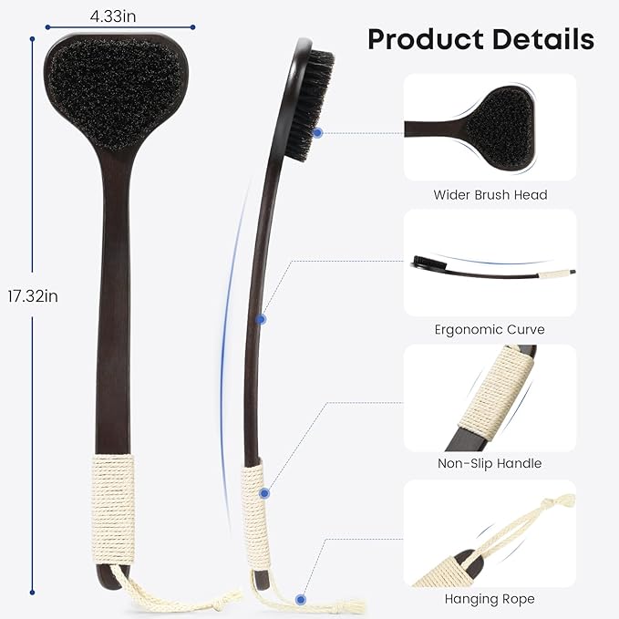 Bamboo Back Scrubber with Curved Long Handle, 17.3 Inches Exfoliating Shower Brush with Extra Stiff Bristles for Men and Women, Back Washer Body Exfoliator for Bath or Dry Brushing