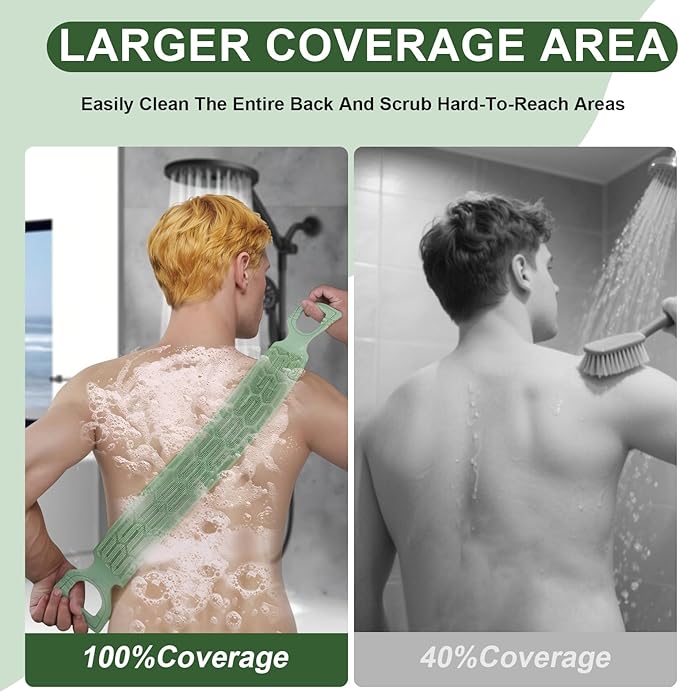 Exfoliating Back Scrubber for Shower,Double-Sided Back Scrub Washcloth Strap,Cover The Entire Back for Men Women,Silicone Back Massage Bath Brush,Exfoliate and Massage (Green)