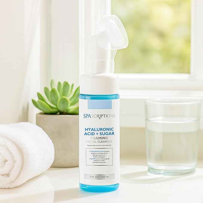 SpaScriptions Hyaluronic Acid + Sugar Foaming Facial Cleanser, pH Balanced, Non Comedogenic, Paraben Free, For All Skin Types, 5 fl oz / 150 mL