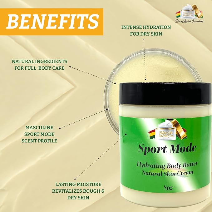 Ultra-Soft Shea Body Butter, Dry Skin Cream for Radiant Moisturized Skin, Natural Hydrating Body Lotion with Aloe Vera, Argan Oil, Rosehip Oil, (Sport Mode, 8oz)