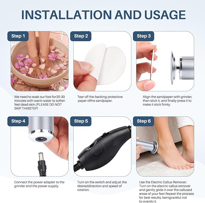 Electric Foot File Remover Callus: Profesional Pedicure Tool for Foot Sander - Summer Adjustable Speed Feet File Grinder for Skin and Calluses - 60 Pcs Replacement Sandpaper Disk for Home Spa Salon