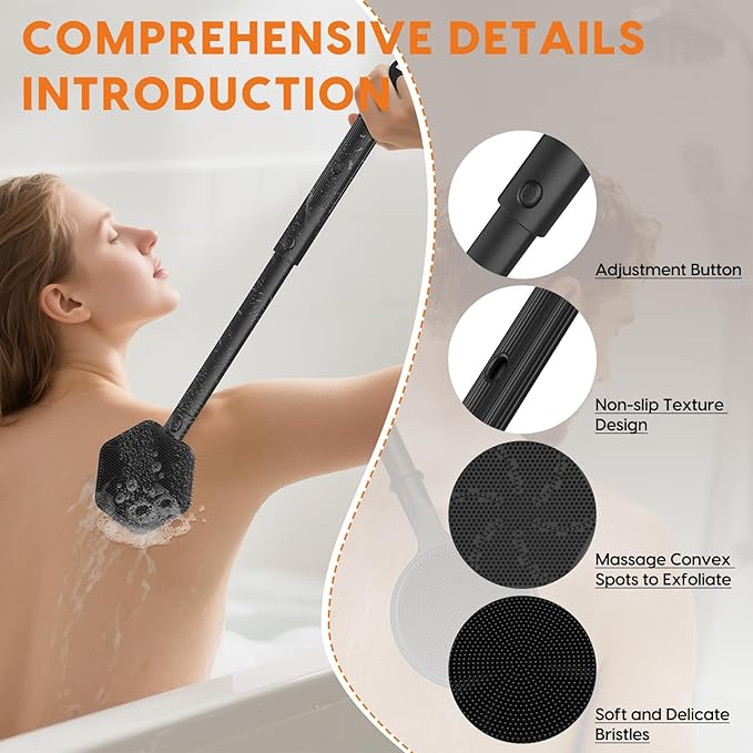 Back Scrubber for Shower, 24in Adjustable Handle Body Brush, Double Sided Shower Brush for Shower Exfoliating and Massage Can Produce Rich Foam, Long Handle Back Scrubber for Men（Hexagon）