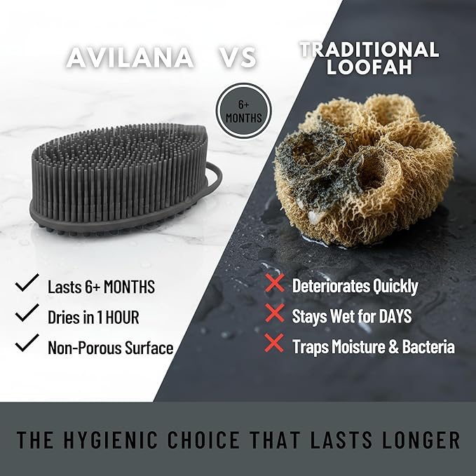 Silicone Body Scrubber for Shower - Gentle Exfoliating Back Scrubber with Soft Bristles - Avilana Premium Dual Sided Bath Brush Massage - Loofah Alternative for Sensitive Skin - Gift Women Men
