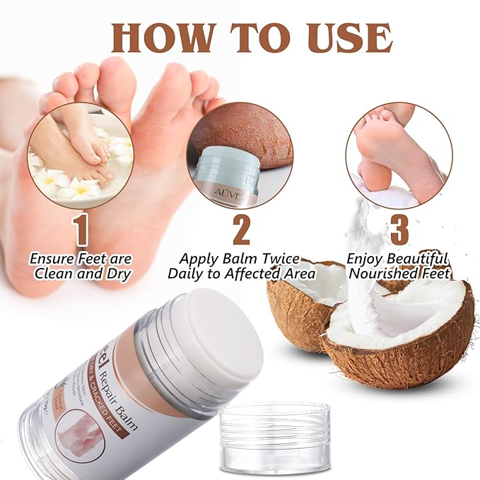 Intensive Foot Repair, Dry & Cracked Heel Treatment Balm Stick for Instant & Deep Moisturizing & Hydrating, with Aloe, Coconut Oil, Hyaluronic Aicd, Olive Oil, Coconut Scent, 2.46 oz/70 g