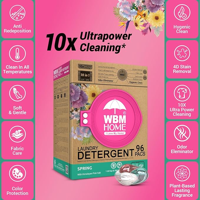 WBM Home Laundry Detergent Pods, Spring Fragrance Scent, 96 Count - HE Concentrated Laundry Pods With 10x Ultrapower Cleaning and 4D Laundry Stain Remover
