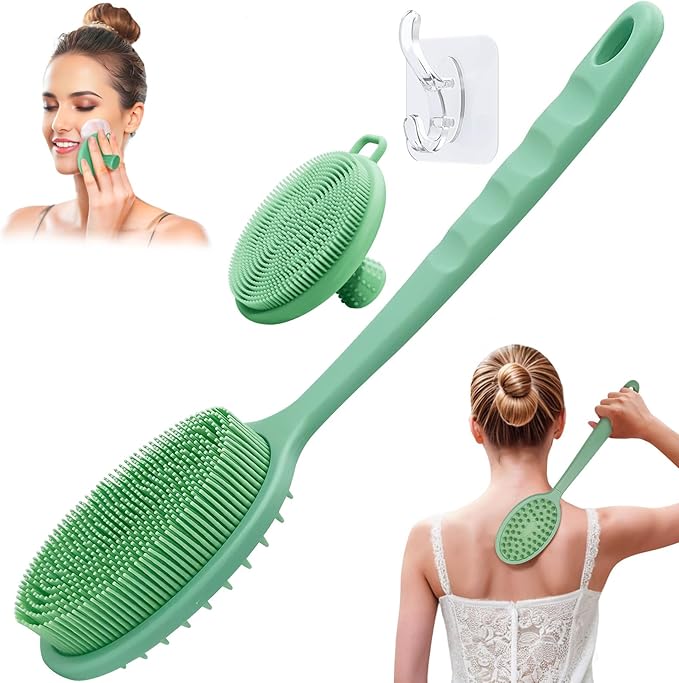 Silicone Face & Back Scrubber Set, Manual Face & Body Scrubber Exfoliator with Soft Bristles and Non-Slip Handle, Back Brush Bath Brush with Detachable Brush Head(2PCS Green Set)