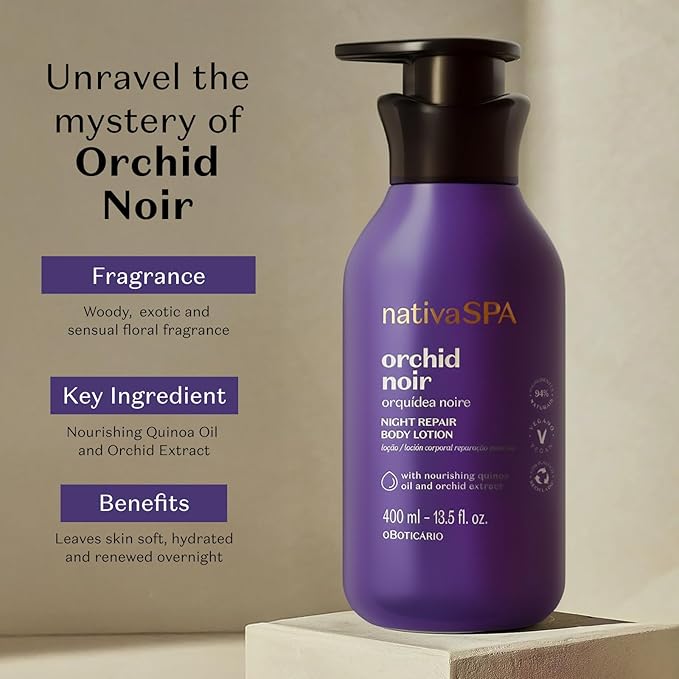 Nativa SPA by O Boticário, Orchid Noir Moisturizing Body Lotion, Fragranced Skin Hydration with Purified Quinoa Oil Drops, 13.5 Ounce (400ml)