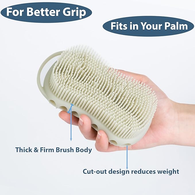 MtBoi Double-Sided Exfoliating Silicone Body Scrubber, 2-in-1 Bath Scrubber, Shampoo Brush, Silicone Loofah for All Skin Types, Shower Body Scrubber, Easy to Clean, Lather Well (Gray)