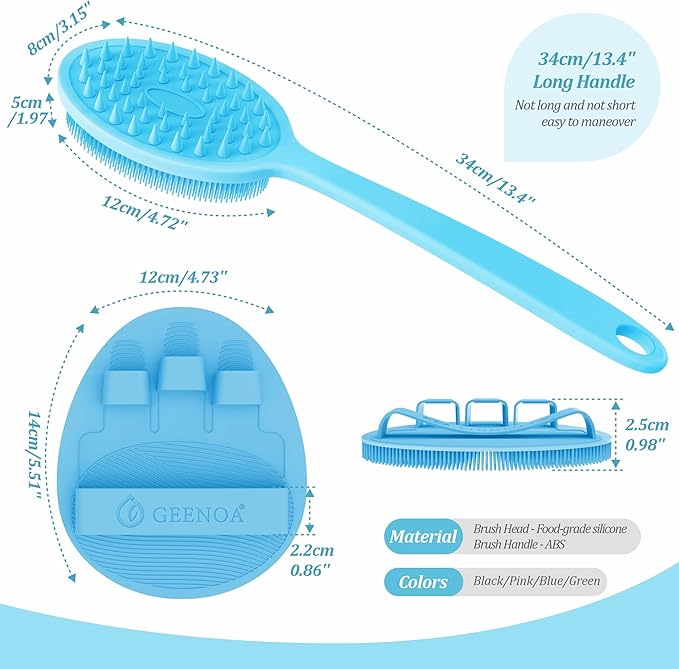Silicone Back Scrubber & Bath Glove Set 2PCS, 13.4'' Gentle Shower Back Scrubber with Dual-Side Head Non-Slip Handle, 360° Anti-Slip Hand-fit Bath Glove for Rich Foaming Deep Cleaning(Blue)