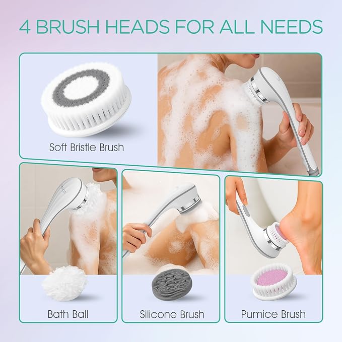 VOYOR Electric Body Brush Back Scrubber for Shower Rechargeable Exfoliating Bath Brush Powered Shower Brush with Non-Slip Long Handle Deep Cleansing, Exfoliation, Massaging Spin Brush BC100 (Grey)