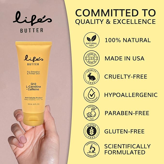 LIFE'S BUTTER Anti-Cellulite Cream - 100% Natural - Made in USA - Cruelty-Free Hypoallergenic - Best Cellulite Reduction - Skin Firming + Tightening for Women L-Carnitine + CoQ10 – 6oz + Body Brush