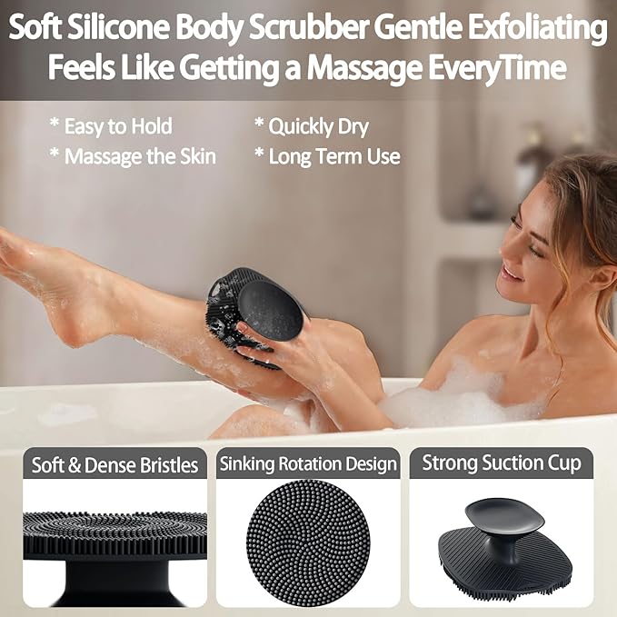Soft Silicone Body Scrubber, Gentle Like a Hand Exfoliating Your Skin and Build Up Lather Easily, Back Large Suction Cup Easy to Store, Long-Lasting & Deep Clean (Black)