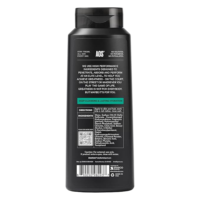 Art of Sport Men’s 2-in-1 Body Wash and Shampoo with Charcoal Activated, Eucalyptus Fragrance, Made for Athletes, Victory Scent, 16 fl oz (Pack of 2)