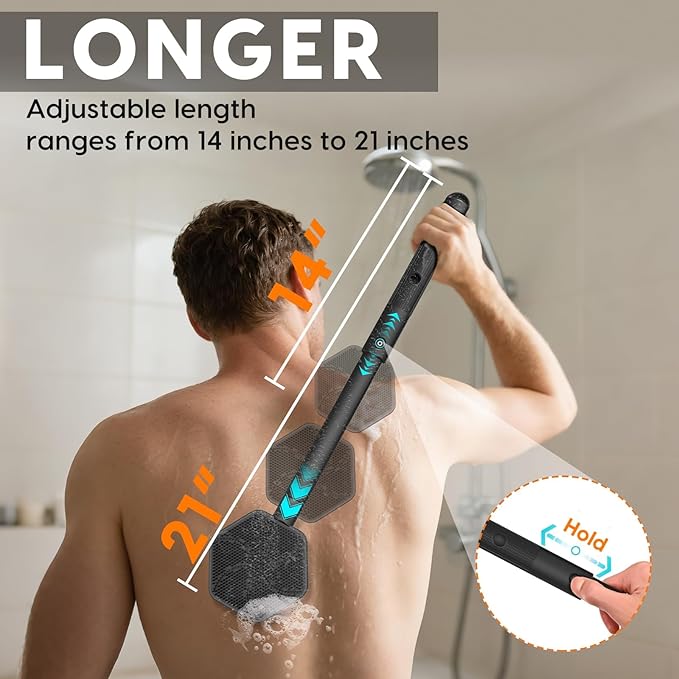 Back Scrubber for Shower, 24in Adjustable Handle Body Brush, Double Sided Shower Brush for Shower Exfoliating and Massage Can Produce Rich Foam, Long Handle Back Scrubber for Men（Hexagon）