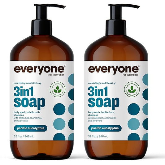 Everyone 3-in-1 Soap, Body Wash, Bubble Bath, Shampoo, 32 Ounce (Pack of 2), Pacific Eucalyptus, made with Essential Oils for Men and Women