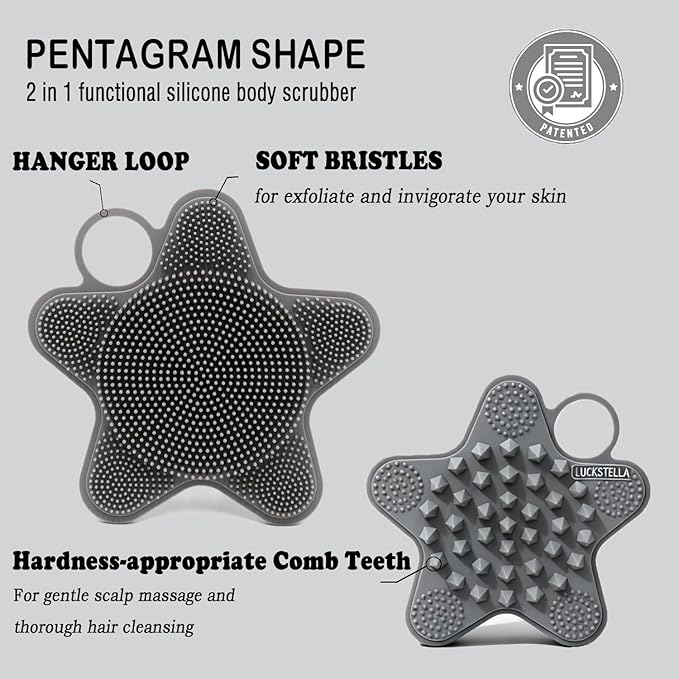 LUCKSTELLA 2 in 1 Silicone Body Scrubber, Food-Grade Silicone Body Brush for Shower, Gentle Exfoliating and Lather Well, Gentle Scrubber for Sensitive Skin, Easy-to-Clean(Black,1-Pack)