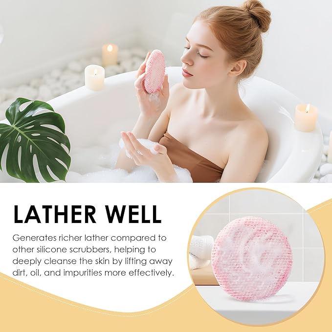 INNERNEED Food-Grade Silicone Body Scrubber Gentle Cleansing Brush with Exfoliating Net Sponge Bath Scrubbing Washcloth Case, More Hygienic and Well Lather (Pink Set)