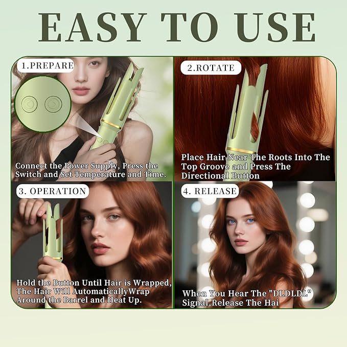 Automatic Curling Iron - Beach Waves Curling Wand with 4 Temperature, Portable Hair Curler Automatic Shut-Off, Anti-Scald, Anti-Tangle Rotating Curling Wand for Hair Styling, Elegant Green