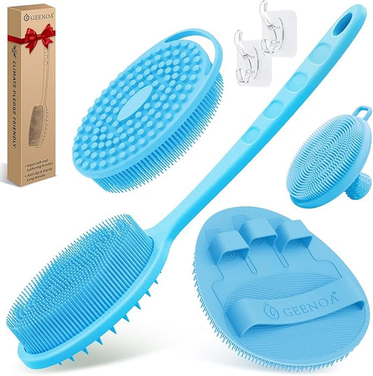 Silicone Back/Body/Face Scrubber & Soft Bath Glove Set 4PCS, Gentle Exfoliating Back & Body Scrubber with Dual-Side Brush Head, Hand-fit Bath Glove & Face Scrubber for Deep Cleaning(Blue-4PC)