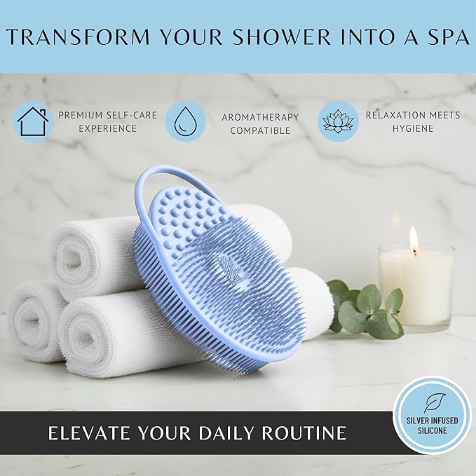 Silver Infused Exfoliating Body Scrubber - Textured Back Scrubber Shower Brush - Avilana Advanced Material Bath Tool Dual Sided - Gentle Smoothing Rough Skin - Premium Gift Women Men