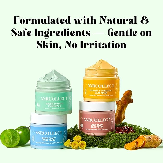 4Pcs Clay Mask Set, Kaolin Facial Spa Kit for Pore Cleansing & Glowing, Hydrating Mud Cream Wash-Off Mask for All Skin Types, Women and Men (70g*4+Brush)