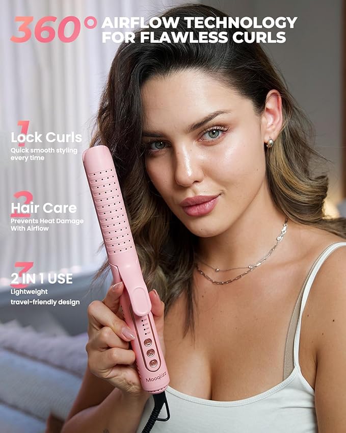 Airflow Styler Curling Iron, Hair Straightener and Curler 2 in 1 with 360°Cooling Vents Dual Voltage Adjustable Temp, Rose Pink