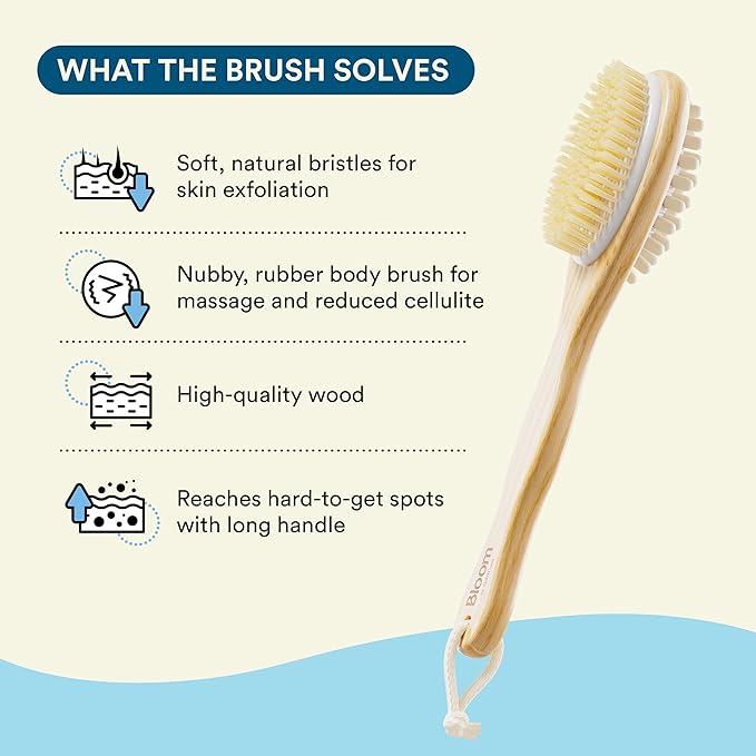 2-in-1 Long Handle Body Brush for Skin Exfoliation and Massage Reduces Cellulite Stimulates Blood Circulation & Reduces Dead Skin Cells Natural, Soft Bristles (Pack of 1) Brown
