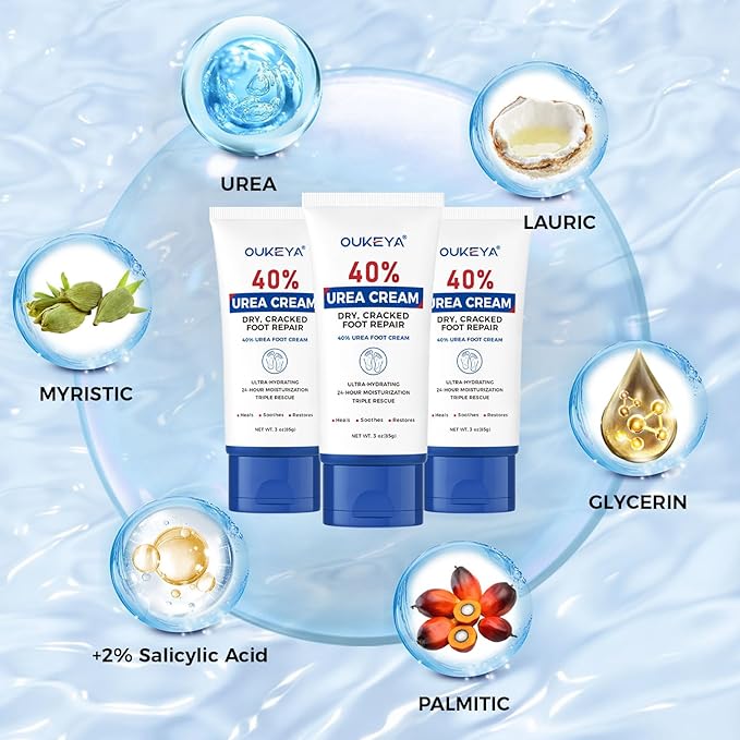OUKEYA Urea Cream 40 Percent Tube 3 Oz, Urea Foot & Hand Cream for Dry Cracked, 40 per Urea Lotion for Feet Maximum Strength 3 Ounce(Pack of 3)