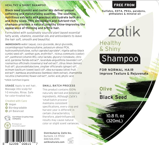 Zatik Naturals - Healthy & Shiny Shampoo + Conditioner set, with Olive and Black Seed, Voluminizing and Safe for Color Treated Hair - one of each 10.80 fl oz.