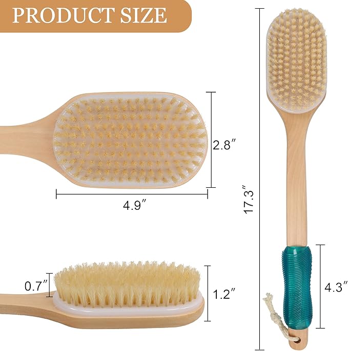 OWIIZI Back Scrubber for Shower Large Surface Body Scrub Brush Stiff Boar Bristles Wooden Curved Long Handle Antiskid Bath Brush for Wet or Dry Brushing