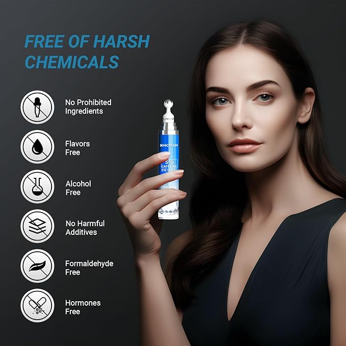 Eye Cream with 5% Caffeine Hyaluronic Acid, Eye Serum with 360° Roller Massage Ball for Puffy, Fine Lines, Dark Circles and Wrinkles, Under eye Treatment Serum for Women & Men