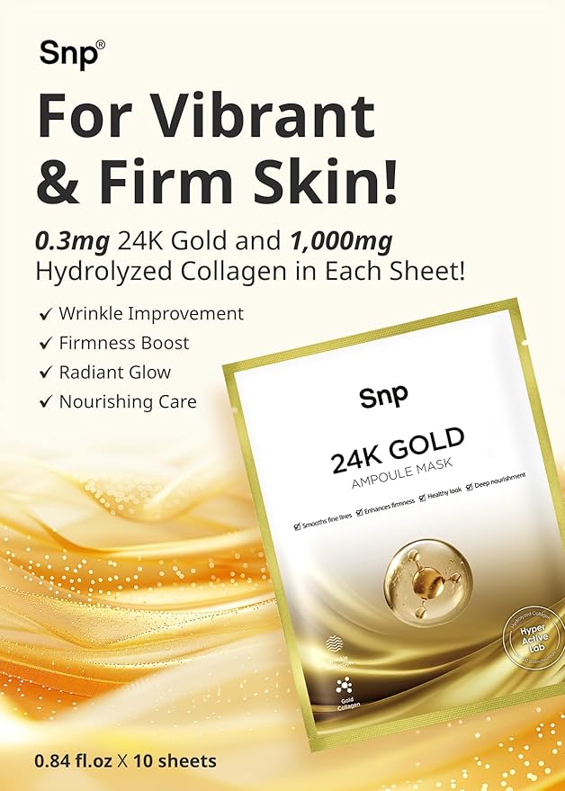 SNP 1000mg Collagen + 24K Gold Ampoule Sheet Mask | Collagen Face Masks Skincare | Tightening, Hydrating, and Nourishing | Korean Skin Care | Overnight Face Masks | Moisturizing Face Mask | 10 Sheets