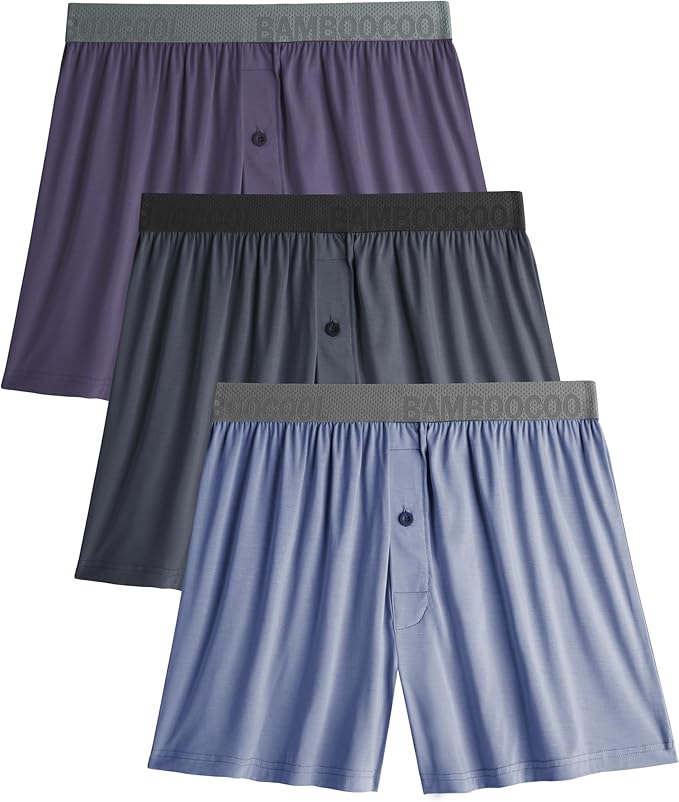 BAMBOO COOL Soft Men's Boxer Shorts 3 Pack,Silk Feeling Underwear for men with Button Fly,Breathable Loose Fit Boxers