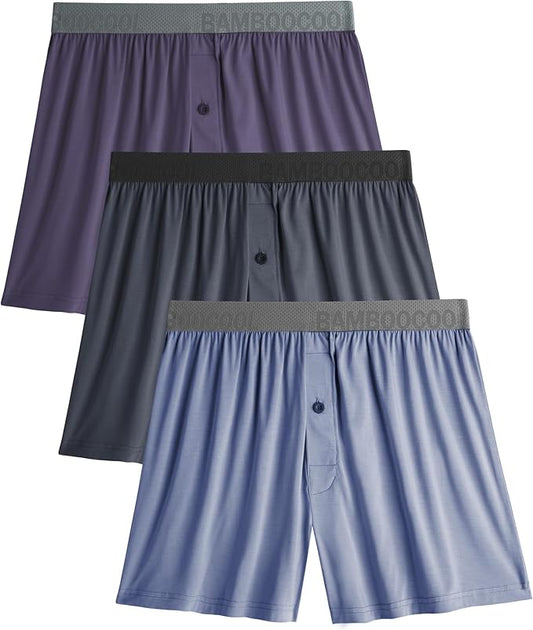 BAMBOO COOL Soft Men's Boxer Shorts 3 Pack,Silk Feeling Underwear for men with Button Fly,Breathable Loose Fit Boxers
