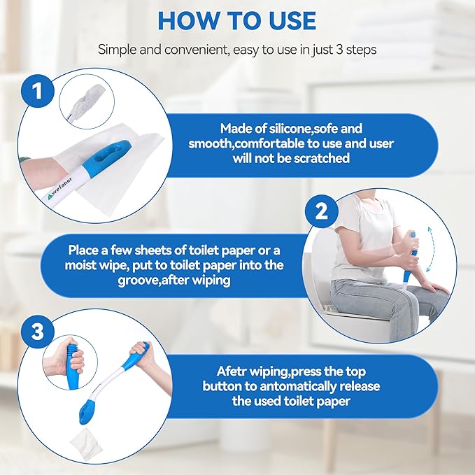 Toilet Aids Set for Wiping - Long Handle Butt Wiper, Anti-Slip Curved Handle Bath Body Brush and Curve Hair Brush for People Overweight, Elderly and Disabled People（3PCS Personal Hygiene Kit)