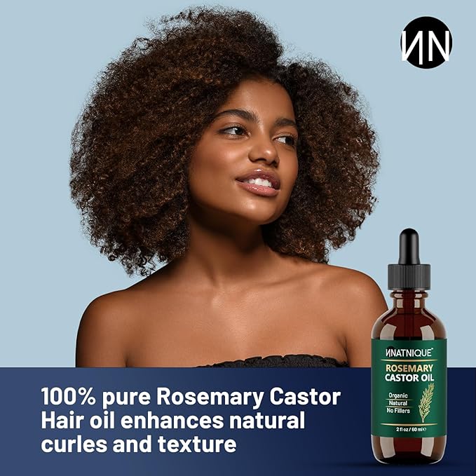 Natnique Rosemary Castor Oil – 100% Pure Cold-Pressed Organic Hair Growth Oil, Hexane-Free Scalp Serum & Moisturizing Treatment for Dry Scalp, Fuller Hair, Stronger Roots & Natural Care – 2oz