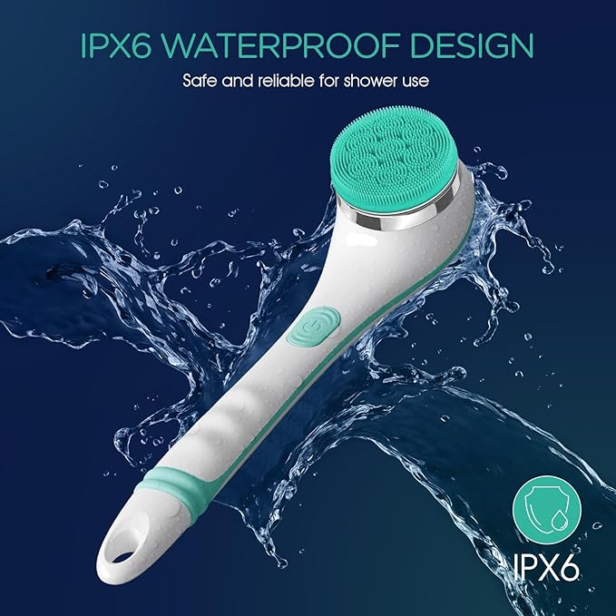 VOYOR Electric Silicone Body Scrubber, Back Scrubber for Shower, Waterproof Long Handle Body Brush, Rechargeable Power Bath Brush for Cleansing, Exfoliating, Massaging Skin BC100 (Blue)