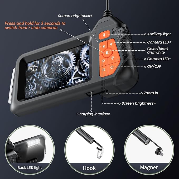 32.8FT Flexible Borescope Camera- 4.3" 1280P HD, IP67 Waterproof Industrial Endoscope Camera for Sewer/Automotive Pipe/Wall Inspection,1pack