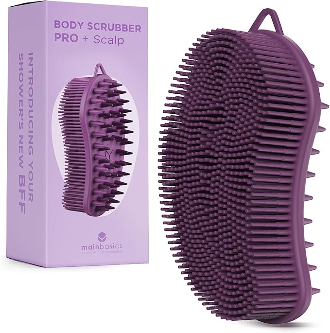 MainBasics Silicone Body Scrubber – Dual-Sided Shower & Scalp Scrubber, Gentle Silicone Loofah Alternative for Deep Clean (Purple, Scalp)