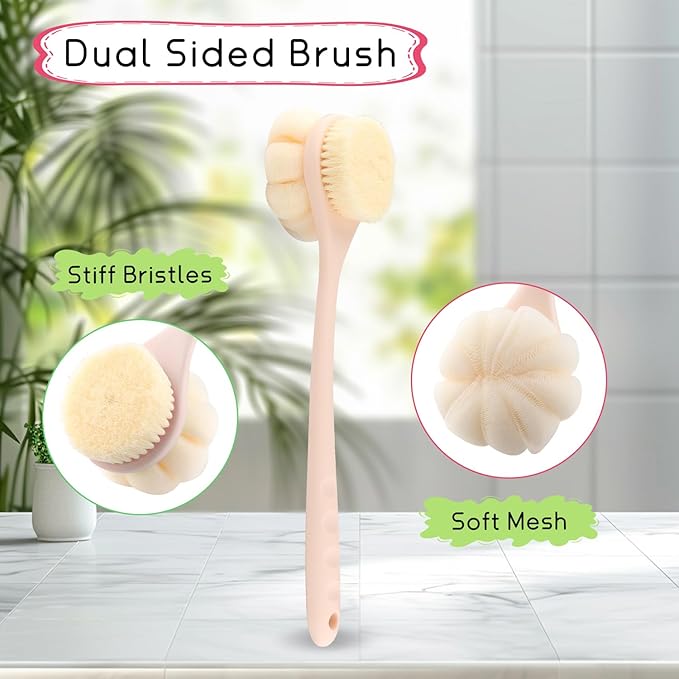1-Pack Pink Double Sided Bath Brush with Soft Bristles and Loofah,Long Handle Back Scrubber,Exfoliating Back Shower Brush for Women and Men