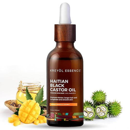 Kreyol Essence - Haitian Black Castor Oil for Skin and Hair, Glass Bottle - Cold Pressed, Hexane Free, Fuller-Looking Hair, Natural Humectant, Mango Papaya & Coconut, 3.4 Fl Oz
